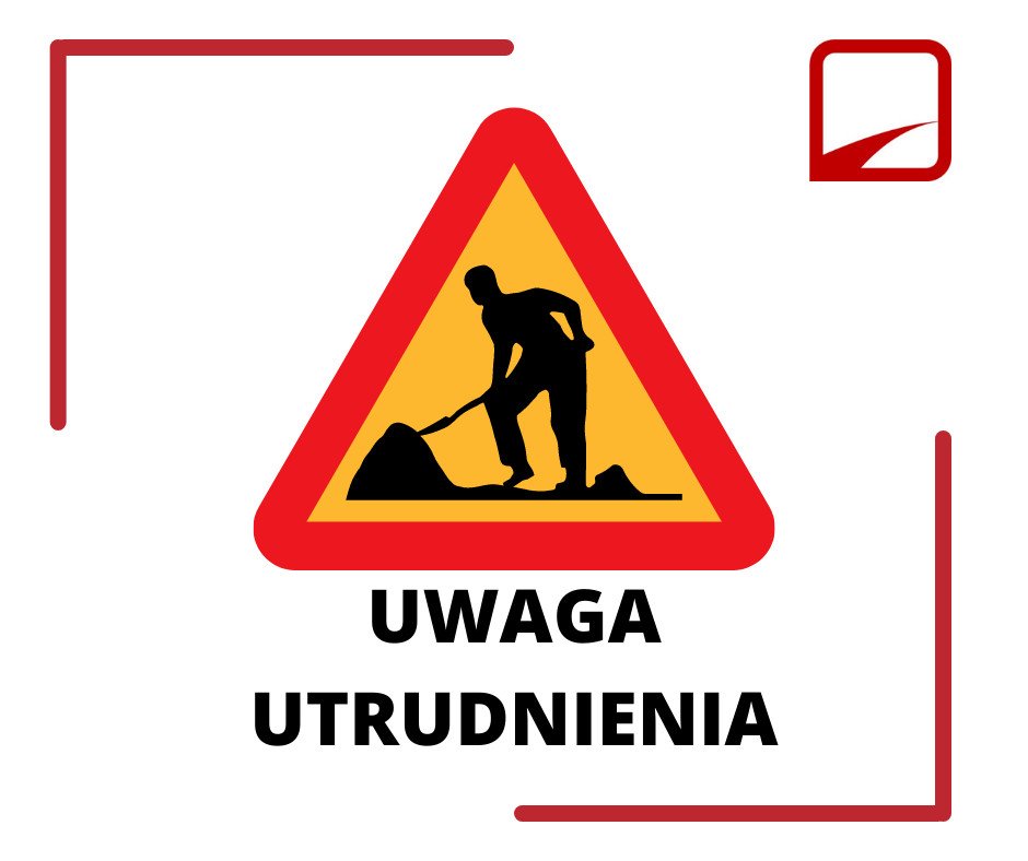 Grafika przedstawia znak "uwaga roboty drogowe" z podpisem "Uwaga utrudnienia".