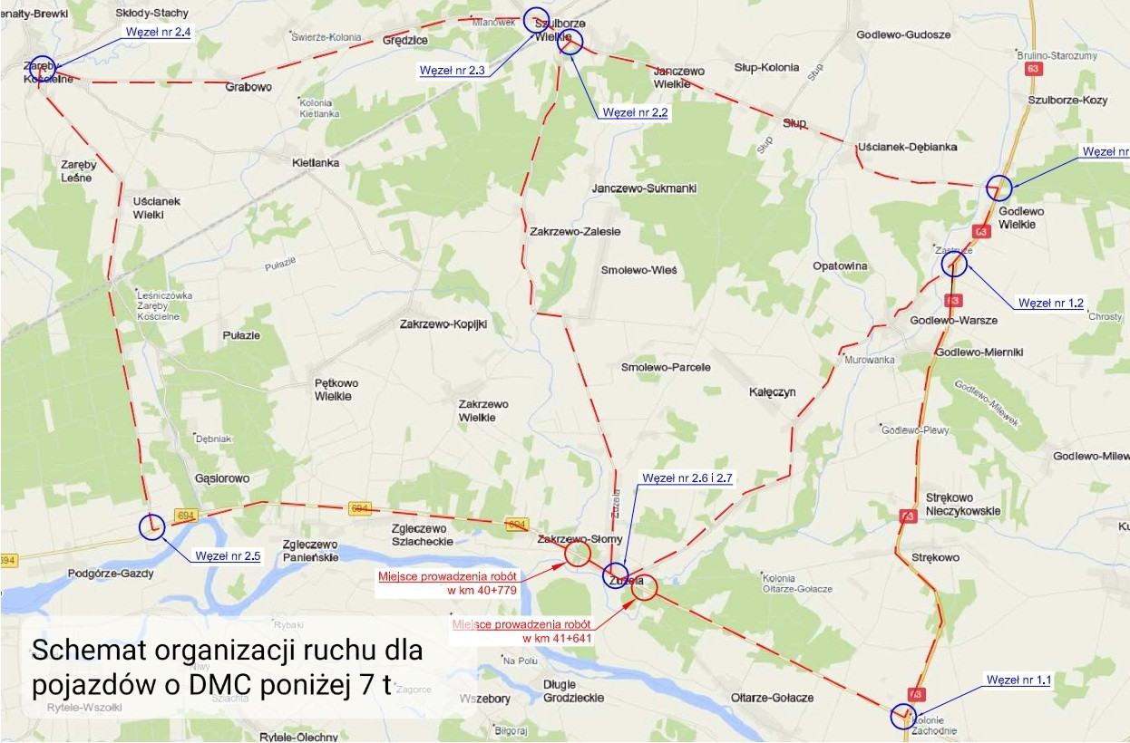 Grafika przedstawia mapę sytuacyjną Gminy Nur z wytyczonymi trasami objazdu miejscowości Zuzela dla pojazdów o DMC do 7 ton