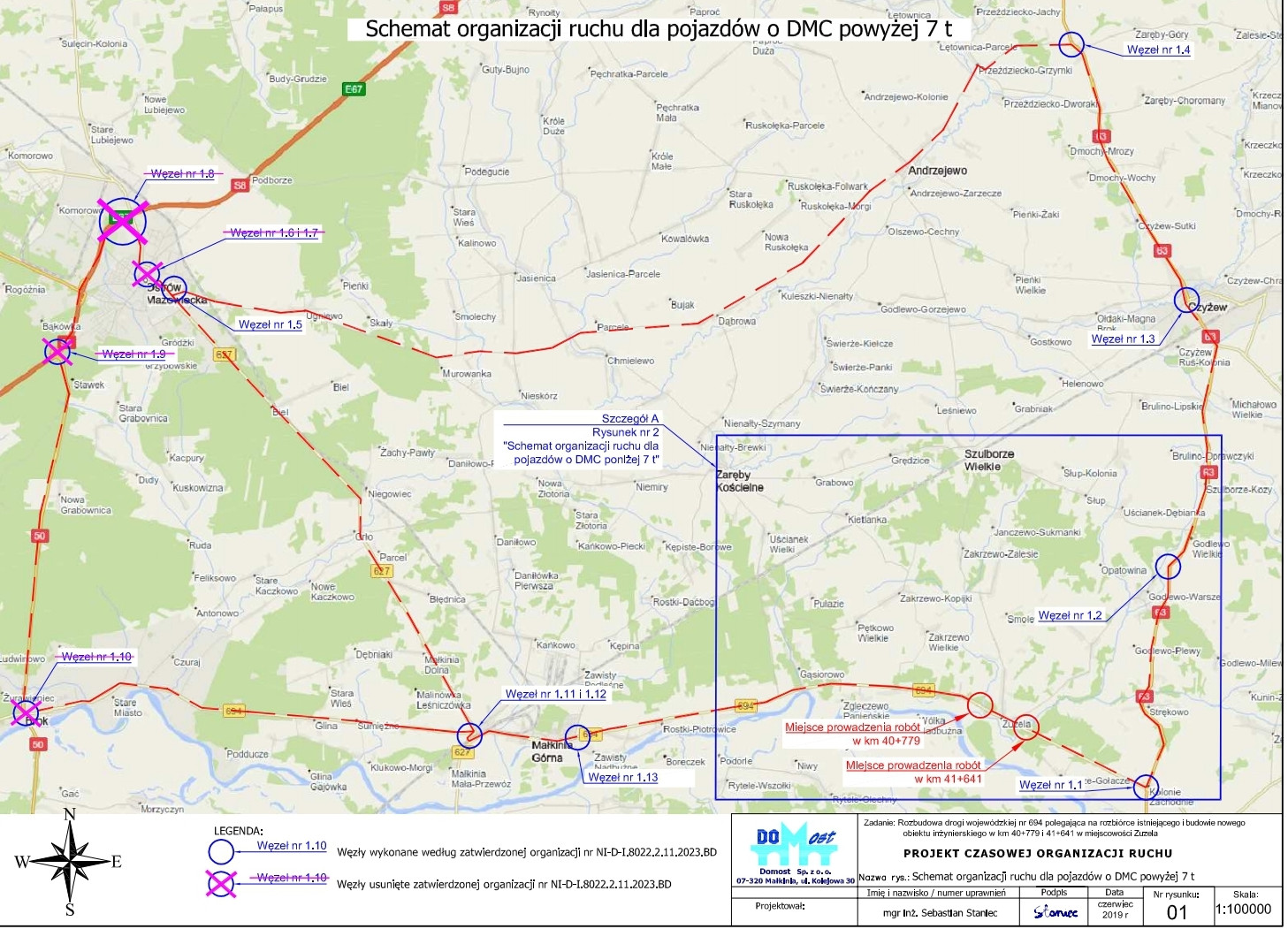 Grafika przedstawia mapę sytuacyjną Gminy Nur z wytyczonymi trasami objazdu miejscowości Zuzela dla pojazdów o DMC powyżej 7 ton